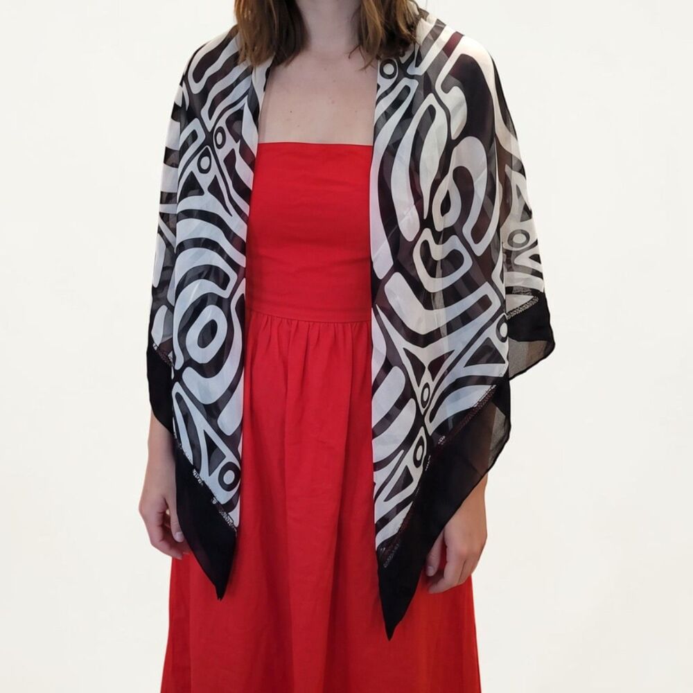 Abstract Black and White Sheer Scarf with Netting Border Detail